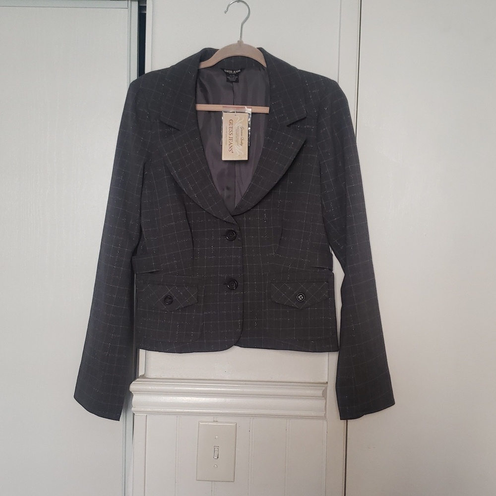 Plaid Charcoal Midi Short Grey. Blazer Front Pockets.Silver Grey